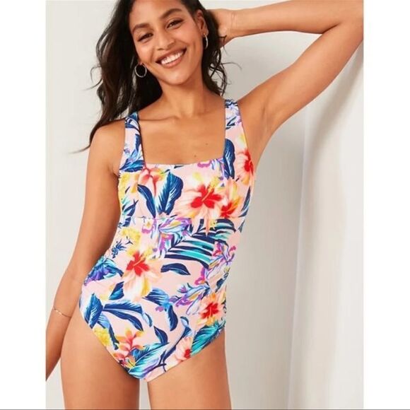 Old Navy Square Neck One Piece Tropical Floral Print Swimsuit Size Small - Picture 1 of 9